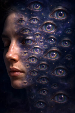 Ein menschliches Gesicht verschmilzt mit einem Meer aus schimmernden Augen. Die Augen öffnen sich in verschiedenen Größen, wie Sterne im Universum. Ein Bild der inneren Vision und kosmischen Wahrnehmung.