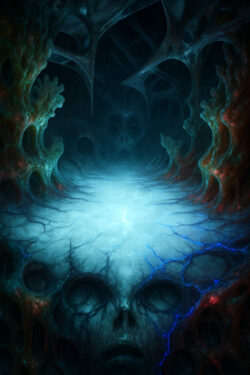 Ein düsteres Höhlenbild, in dessen Strukturen Totenschädel angedeutet sind. In der Mitte leuchtet ein unheimlich helles, blaues Licht, durchzogen von Adern wie Blitze. Die Umgebung scheint lebendig und bedrohlich zugleich, als atmete der Abgrund selbst.
