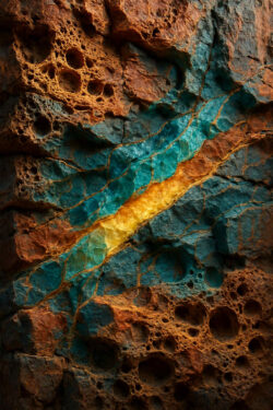 Farben von Ocker, Türkis und Gold durchziehen eine zerklüftete Felswand. Es wirkt, als hätte die Erde selbst ein leuchtendes Herz, das in Schichten nach außen dringt. Ein Spiel aus Feuer und Stein, still und geheimnisvoll.