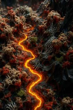 Eine leuchtende Lavaspur zieht sich wie eine pulsierende Ader durch zerklüftetes, korallenartiges Gestein. Schwarz-weiße Muster und rote Strukturen umrahmen den Fluss. Das Bild wirkt wie ein fremdes Ökosystem voller Hitze und Energie.