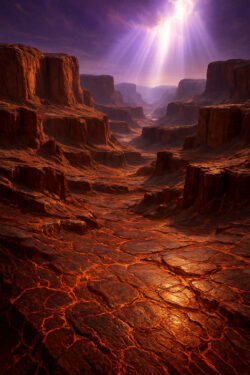 Ein weiter Canyon mit rissigem, glutrot leuchtendem Boden. Die massiven Felswände werfen lange Schatten, während violette Sonnenstrahlen durch die Wolken brechen. Die Szene wirkt wie eine Mischung aus Wüste und Vulkanlandschaft – zugleich bedrohlich und erhaben.