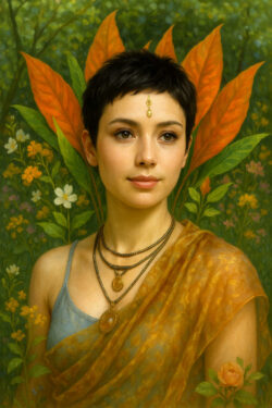 Eine junge Frau mit kurzem Haar sitzt in einem blühenden Garten. Schmuck aus Gold und Bernstein ziert Stirn und Hals, während orangefarbene Blätter wie Flügel hinter ihr aufragen. Ihr ruhiger Blick verleiht dem Bild eine Aura von zeitloser Gelassenheit.