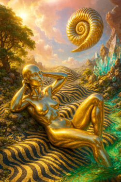 Eine goldene Frauenstatue liegt entspannt auf gestreiften Hügeln, während über ihr eine riesige goldene Spirale schwebt. Kristalle leuchten in der Ferne, und die Sonne taucht alles in warmes Licht. Traum und Mythos verschmelzen.