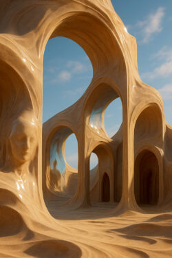 Organisch geschwungene Bögen aus hellem Stein bilden eine surrealistische Architektur. Gesichter sind in die Wände eingearbeitet, als wären sie Teil der Struktur. Das Sonnenlicht fällt durch die offenen Bögen und taucht alles in eine sanfte Wärme.