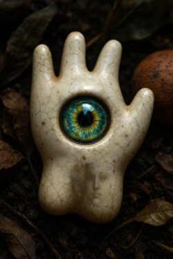 Eine kleine Skulptur in Handform trägt ein einziges großes Auge in ihrer Mitte. In der glatten, rissigen Oberfläche zeigt sich auch ein Gesicht. Zwischen Blättern am Boden wirkt sie wie ein Relikt aus einer fremden Welt.