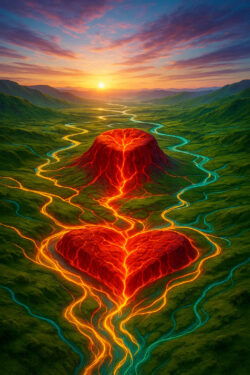 Eine Vulkanlandschaft mit glühenden Lavaströmen, die sich zu einem Herz formen. Der Sonnenaufgang taucht die Szene in warme Farben, während Flüsse aus Feuer und Licht durch grüne Täler fließen.