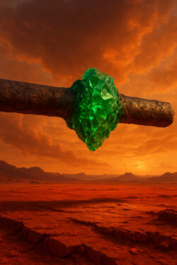 Ein roher, grün funkelnder Kristall sitzt auf einem Steinquader, schwebend über einer roten Wüstenlandschaft im Abendlicht – geheimnisvoll, fremdartig und voller Energie.