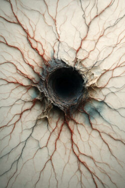 Ein dunkler, runder Schlund öffnet sich inmitten einer blassen Oberfläche. Von ihm ausgehend ziehen sich rote, wurzelartige Linien über die Fläche. Die Szene erinnert an ein pulsierendes Auge oder eine Wunde der Erde.