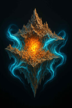 Ein massiver, felsiger Kristallkörper schwebt im dunklen Raum. In seiner Mitte glüht ein heißes, orangenes Zentrum, umgeben von blauen Energiewirbeln. Es wirkt wie ein Herz aus Stein und Feuer.