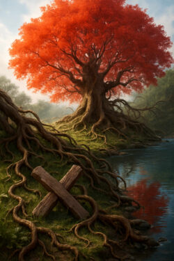 Ein mächtiger Baum mit leuchtend roten Blättern erhebt sich am Ufer eines Flusses. Seine gewaltigen Wurzeln greifen in das Erdreich, zwischen ihnen liegt ein hölzernes X. Das Bild verbindet Ruhe der Natur mit symbolischer Tiefe.