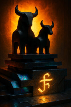 Zwei schwarze Stierfiguren thronen auf einem steinernen Sockel, hinter ihnen ein leuchtender Feuerhintergrund. Auf dem Podest glüht ein geheimnisvolles Symbol, als sei es ein Tor zu einer vergessenen Kultur. Die Szene wirkt wie ein uraltes Ritual, eingefroren in Stein und Licht.