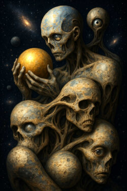 Skulpturenartige Wesen mit skelettartigen Gesichtern verschmelzen miteinander. Eines hält eine goldene Kugel, während andere mit leeren Augen ins All blicken. Im Hintergrund funkeln ferne Galaxien und Planeten.