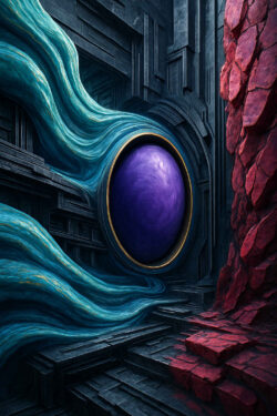 Ein leuchtend violetter, eiförmiger Kern ist in eine dunkle, architektonische Struktur eingebettet, aus der blau-grüne Ströme wie flüssige Energie hervortreten. Mystische Atmosphäre zwischen Geometrie und organischer Kraft.