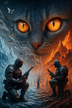 Eine riesige Katzenfratze mit glühend orangen Augen schwebt über einer Landschaft aus Feuerbergen und Eisgipfeln. Zwei gepanzerte Krieger knien am Boden, zwischen ihnen ein kahler Baum. Das Bild zeigt den Kontrast von Hitze und Kälte, Leben und Tod.
