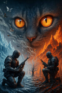 Eine riesige Katzenfratze mit glühend orangen Augen schwebt über einer Landschaft aus Feuerbergen und Eisgipfeln. Zwei gepanzerte Krieger knien am Boden, zwischen ihnen ein kahler Baum. Das Bild zeigt den Kontrast von Hitze und Kälte, Leben und Tod.