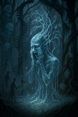 Eine durchscheinende, menschenähnliche Figur hält das Gesicht in Verzweiflung. Aus ihrem Kopf wachsen Linien wie Äste, während Symbole im Dunkel glimmen. Im Hintergrund Spiraltreppen, Schattenfiguren und gespenstische Gesichter im Wald.