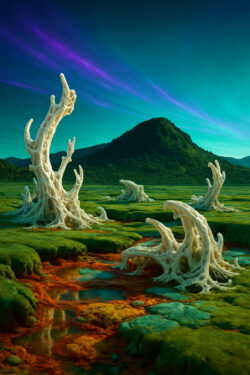 Eine weite Ebene liegt unter einem smaragdgrünen Himmel mit lila Nordlichtern. Aus dem Boden ragen weiße, knochenartige Strukturen wie Bäume empor. Dahinter erhebt sich ein dunkler Vulkan, umgeben von unwirklich buntem Licht.