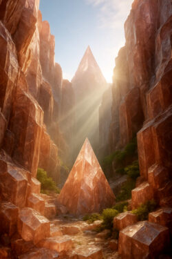 Eine glitzernde Pyramide aus Kristall erhebt sich zwischen hoch aufragenden Felsen, während goldenes Sonnenlicht durch die Schlucht fällt. Die Szene vermittelt Erhabenheit und eine fast heilige Ruhe.