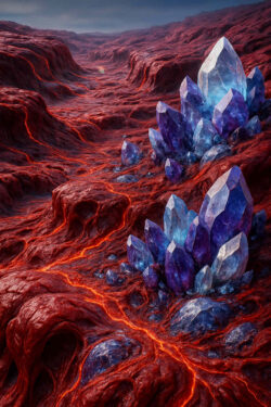 Gewaltige blaue Kristalle erheben sich aus einer roten, zerklüfteten Landschaft. Glühende Adern aus Lava durchziehen den Boden wie Lebensadern. Am Horizont verschwimmen Gestein und Himmel.