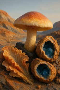 Ein großer orange-gelber Pilz wächst auf Felsen, daneben liegen blaue Kristallgeoden und eine fächerartige Pilzstruktur in einer wüstenartigen Landschaft.