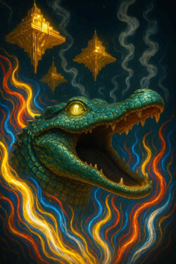 Ein gigantischer Krokodilskopf mit leuchtendem Auge erhebt sich aus bunten Flammen. Über ihm schweben goldene, rauchende Tempelgebilde im dunklen Himmel. Die Szene wirkt wie eine Vision zwischen Mythos und Traum.