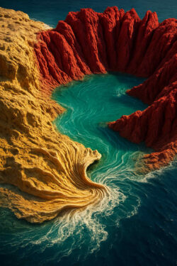 Türkises Wasser fließt in eine Bucht, eingerahmt von rot und gelb leuchtenden Felsen, die wie geschmolzenes Gestein wirken – eine Landschaft zwischen Traum und Vision.