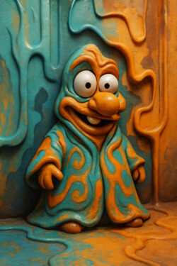 Eine cartoonartige Figur mit weit aufgerissenen Augen steht vor einer Wand aus orange-blauen Mustern. Ihr Mantel scheint Teil der verschmelzenden Umgebung. Das Bild wirkt verspielt, zugleich grotesk und rätselhaft.