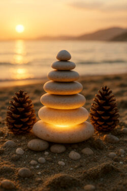 Glatte Steine sind zu einem Turm aufgeschichtet, von innen golden erleuchtet. Links und rechts flankieren Kiefernzapfen den Bau, während dahinter die Sonne über dem Meer versinkt. Ein Moment stiller Harmonie.