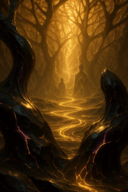 Schwarze, baumartige Formen rahmen einen leuchtenden Pfad aus goldenem Licht. Zwei menschliche Silhouetten stehen darin, als würden sie im Herzen eines mystischen Waldes verweilen. Atmosphäre zwischen Vision und Traum.