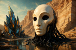 In einer felsigen Wüstenlandschaft ragt ein riesiger Kopf mit glatter, weißer Maske aus dem Wasser. Sein Haar besteht aus schwarzen Strängen, die sich wie Tentakel ausbreiten. Daneben stehen scharfkantige, kristallartige Strukturen, die im Sonnenlicht glänzen.