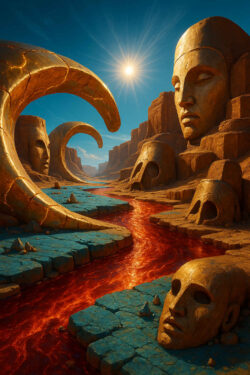 Gigantische Masken und Köpfe aus Stein liegen verstreut in einer canyonartigen Landschaft. Ein roter Fluss windet sich durch die Szenerie, während die Sonne grell am Himmel steht. Mysteriöse Mischung aus Ruine und Mythos.