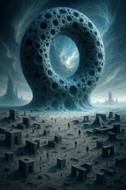 Eine gewaltige, löchrige Torus-Struktur erhebt sich in einer kargen Landschaft. Kleine Menschen wandern zwischen würfelförmigen Ruinen und Pyramiden. Der Himmel wirkt surreal, als würde er in das Zentrum des Ringes hineinsaugen.
