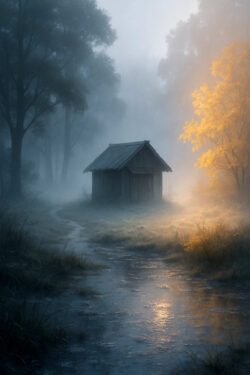 Eine kleine Holzhütte steht im Morgennebel, umgeben von Bäumen. Ein einzelner Baum leuchtet golden im Licht und taucht die Szenerie in geheimnisvolle Wärme. Ein schmaler Pfad schlängelt sich durch die feuchte Landschaft.