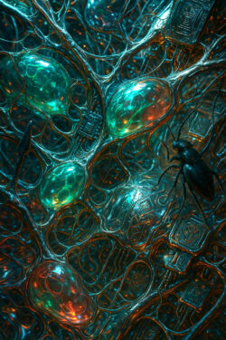 Ein Insekt krabbelt über ein Netz aus schimmernden, organisch wirkenden Strängen. Darin eingebettet leuchten grünlich-blaue und rötliche Kapseln wie pulsierende Lebensblasen. Das Bild wirkt gleichzeitig futuristisch, biologisch und fremdartig.