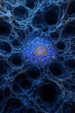 Eine abstrakte Struktur, die an ein Gewebe aus Zellen oder Höhlen erinnert. In der Mitte leuchtet ein bläulich-violettes Muster, das an einen Kristall oder eine Blüte denken lässt. Die organische Tiefe wirkt wie ein Blick in mikroskopische oder kosmische Dimensionen.