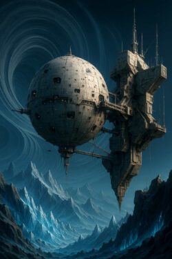 Ein gigantisches, kugelförmiges Raumschiff schwebt über einer Landschaft aus schroffen, blauen Gebirgen. Im Hintergrund öffnet sich ein kosmischer Strudel, der die Dimension des Bauwerks noch verstärkt. Das Bild verbindet Kälte, Technik und endlose Weiten.