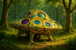 Futuristisches, buntes UFO mit organischen Formen steht wie ein lebendiges Wesen in einem dichten Wald.