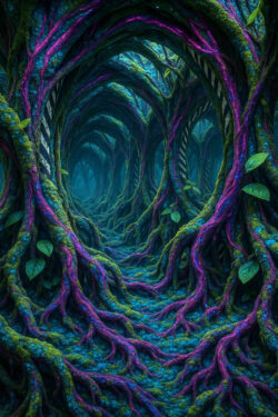 Ein fantastischer Tunnel aus knorrigen, bunt leuchtenden Baumwurzeln in Blau und Violett, mit grünen Blättern durchsetzt, der in die Ferne führt.