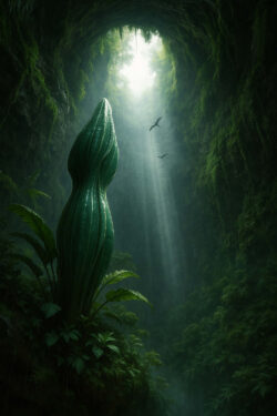 In einer tiefen Höhle wächst eine gigantische, knospenartige Pflanze empor. Ein Lichtstrahl fällt von oben herab und erhellt ihr geheimnisvolles Wachstum. Umgeben von dichter Vegetation wirkt sie wie ein heiliges Naturwunder.