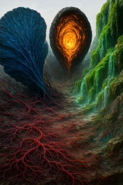 In einer zerklüfteten Landschaft breiten sich rote, wurzelartige Adern aus. Ein blauer Fächer und eine glühende, eiförmige Struktur stehen wie lebendige Monumente. Seitlich stürzen grüne Wasserfälle herab.
