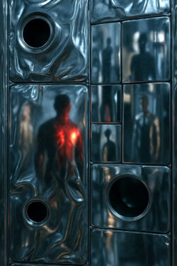 Eine Wand aus glänzendem, unregelmäßigem Metall mit eingelassenen Öffnungen. Hinter der Fläche erscheinen verschwommene Silhouetten von Menschen. Ein rotes Leuchten hebt die zentrale Gestalt hervor.