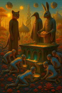 In einer fremden Landschaft mit Kuppeln und spiralförmigem Turm versammeln sich Gestalten. Eine Katze, ein Vogelwesen und ein Hase in Roben beobachten ein leuchtendes Becken. Körper mit sternenübersäter Haut knien nieder, um das goldene Licht daraus zu trinken.