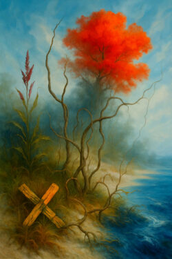 Ein Baum mit leuchtend roten Blättern steht am Wasser, seine Wurzeln winden sich wie Adern in die Erde. Im Vordergrund liegt erneut ein hölzernes X, das Symbolcharakter hat. Die Szene erinnert an ein Traumland, in dem Natur und Zeichen miteinander verschmelzen.