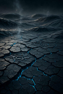 Eine weite Ebene aus rissigem Gestein leuchtet von blauen Adern durchzogen. Geheimnisvolle Symbole sind in den Boden eingebrannt. Über der Landschaft weht ein Hauch von Rauch, als ob die Erde selbst Zeichen sendet.