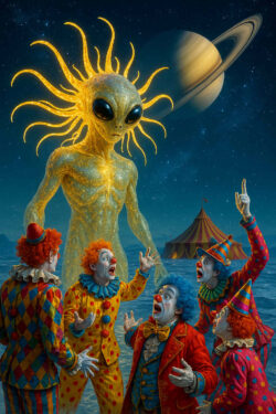 Ein leuchtendes, goldschimmerndes Alien mit Sonnenstrahlen-Krone tritt hervor. Vor ihm fünf Clowns, die staunend, erschrocken und gestikulierend reagieren. Hinter ihnen erhebt sich Saturn am Himmel, neben einem rotgelben Zirkuszelt.