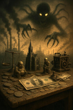 Ein dunkles Monster mit glühenden Augen breitet krallenartige Arme aus. Unter ihm Münzen, Banknoten und Miniaturen von Kirche, Waage und Maschine. Rauchende Schornsteine im Hintergrund formen eine bedrohliche, apokalyptische Szenerie.