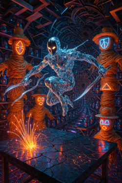 Ein schwarzer, gläserner Krieger mit leuchtenden Augen springt über einen Tisch, auf dem Funken sprühen. Um ihn herum stehen strohähnliche Figuren mit neonfarbenen Gesichtern. Die Umgebung wirkt wie ein endloser, mystischer Tempel.