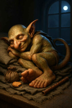 Ein kleiner, glatzköpfiger Kobold mit großen Ohren schläft friedlich zusammengerollt auf einer Decke, neben ihm ein Keks, ein Beutel und eine Flöte, im Hintergrund ein Fenster mit Vollmond.