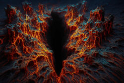 Eine tiefe, schwarze Schlucht wird von glühenden, lavaähnlichen Adern durchzogen, die sich über zerklüftetes Gestein winden – bedrohlich und zugleich majestätisch.