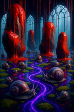 Ein gotischer Saal, dessen Felsen von dicken, roten Tropfen überzogen sind. Zwischen den Steinen kriechen zahlreiche Schnecken über leuchtende, violette Adern. Die Atmosphäre ist unwirklich, eine Mischung aus Ritual und Albtraum.